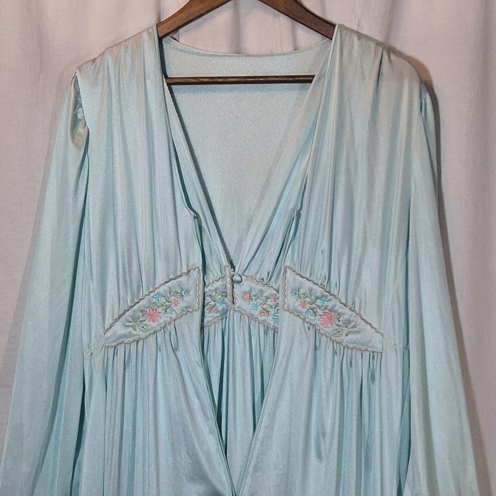 Lorraine Vintage Peignoir Set Women M Blue Floral Embroidered 2pc